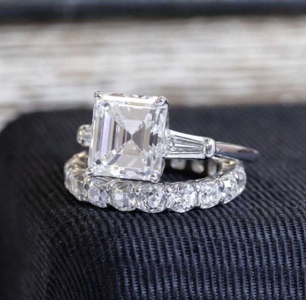 

cluster rings luxury 100% 925 sterling silver emerald cut 4ct simulated diamond wedding engagement cocktail women set fine jewelry gift, Golden;silver
