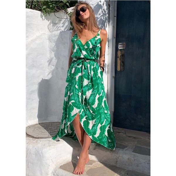 

women boho long maix leaf print dress ladies v-neck high waist sleeveless split summer holiday sundress beach wear casual dresses, Black;gray
