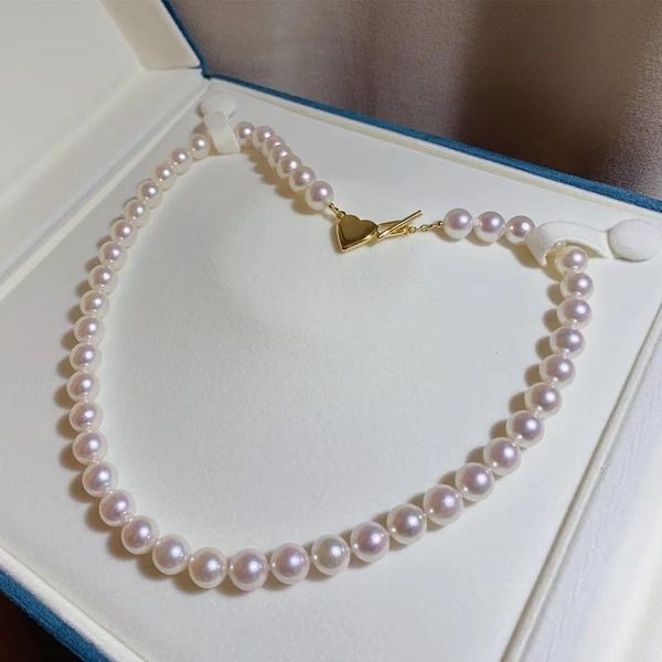 

chains hengsheng fine jewelry natural ocean akoya 8.5-9mm round white pearls necklace for women heart-shaped clasp, Silver