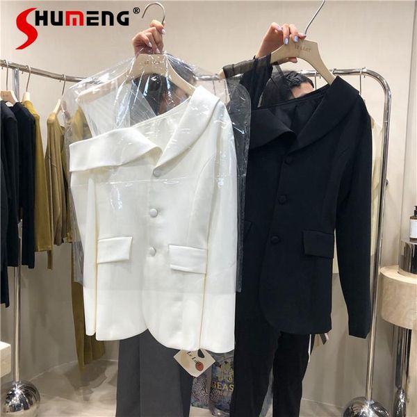 

women's suits & blazers 2021 autumn korean style gauze stitching single-breasted suit fashion simple off-shoulder slimming white, White;black