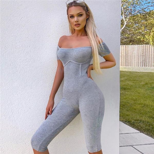 

women's jumpsuits & rompers 2021 jumpsuit short sleeve gray shoulder off knitted patchwork striped slim wild fashion bodysuit women rom, Black;white