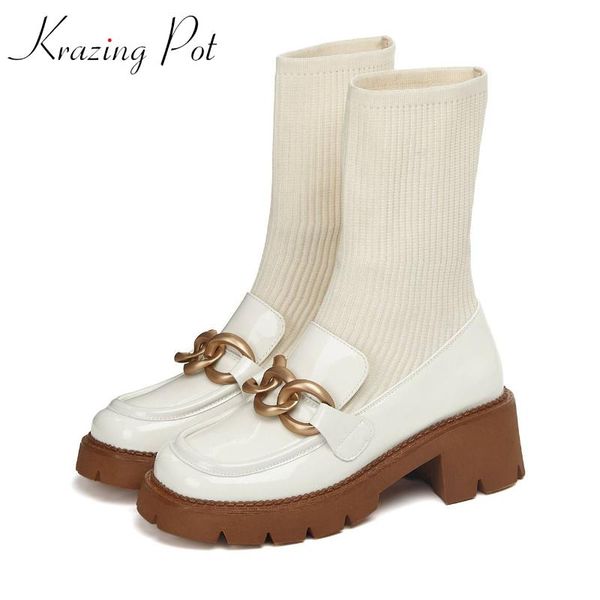 

boots krazing pot cow leather round toe thick bottom metal chains leisure sock slip on stovepipe autumn stretch mid-calf, Black