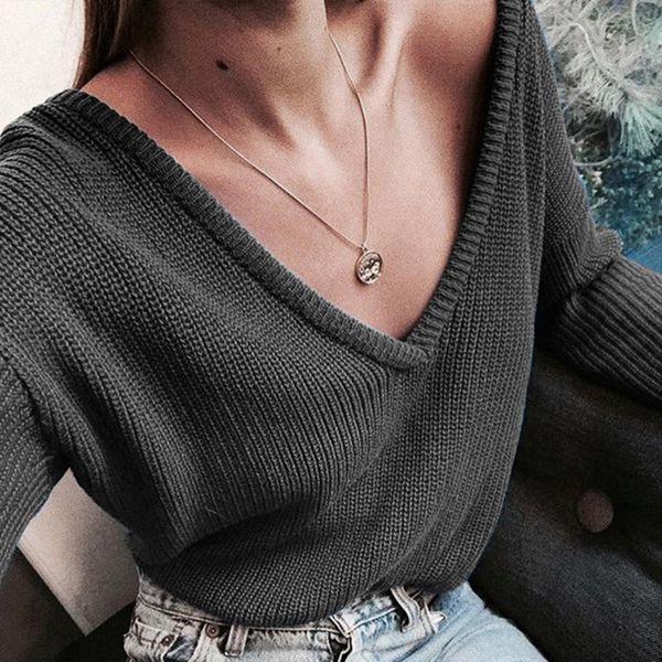 

women's sweaters 2021 fashion women casual deep v neck knitted sweater jumper long sleeve loose solid color pullover, White;black