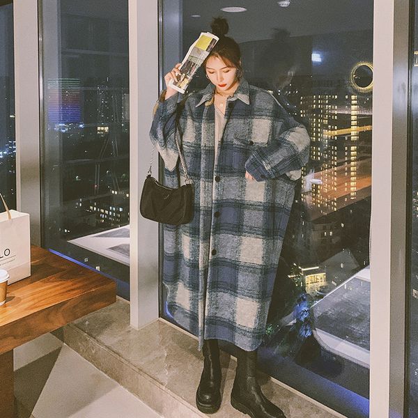 

autumn winter 2021 female blend jackets plaid gray blue contrast color lapel single-breasted loose casual long woolen coats clothing, Black