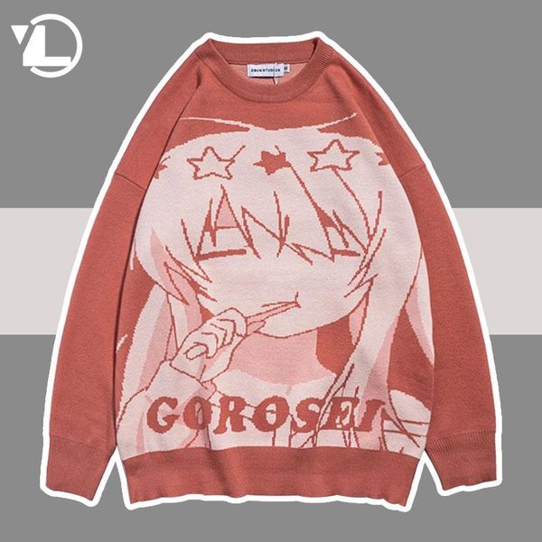 

men's sweaters mens anime girl knitted sweater hip hop streetwear harajuku vintage pullover japanese 2021 autumn cotton college unisex, White;black