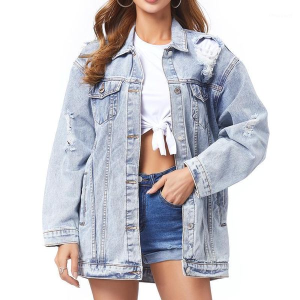 

oversized solid denim coats women 2021 spring summer loose long ripped buttons jackets female fashion casual streetwear y2k women's, Black;brown