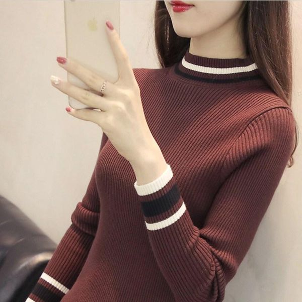

women's sweaters half-high collar sweater women thicken autumn winter 2021 short slim knitted striped pullovers female, White;black