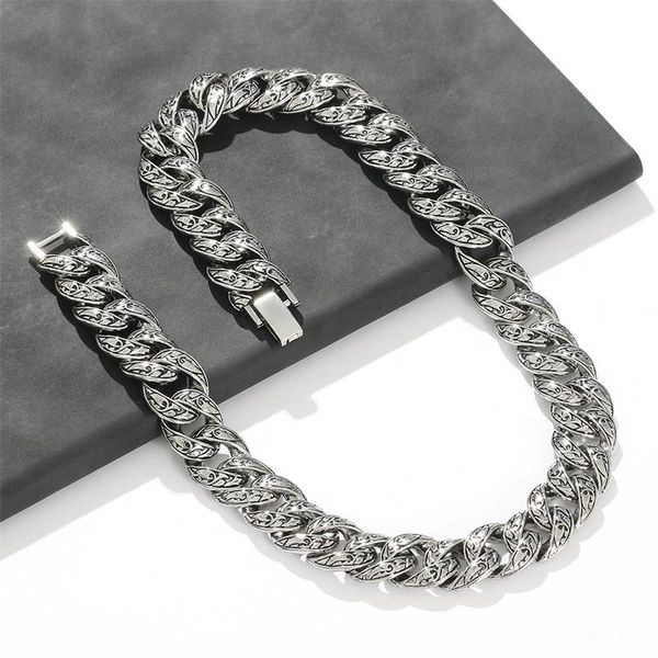 

chains one piece 16mm vintage goth domineering plant pattern thai necklace bracelet for mens hip hop men's bangle, Silver