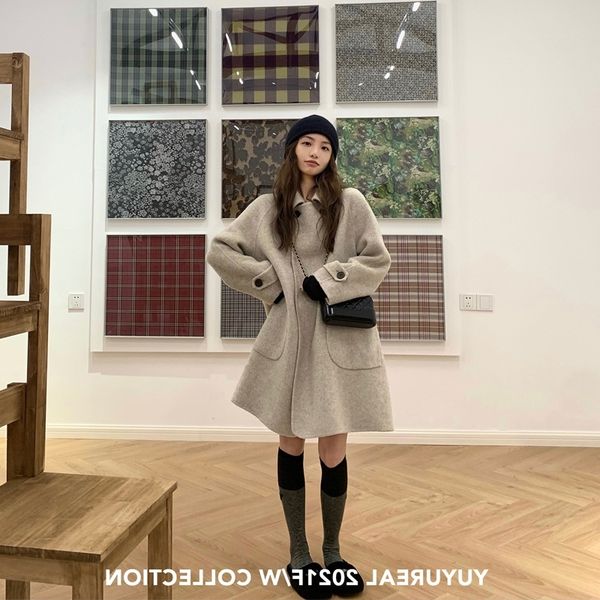 

21fw small medium long woolen coat chill fashionable silk rabbit velvet lapel version a women's wear, Black
