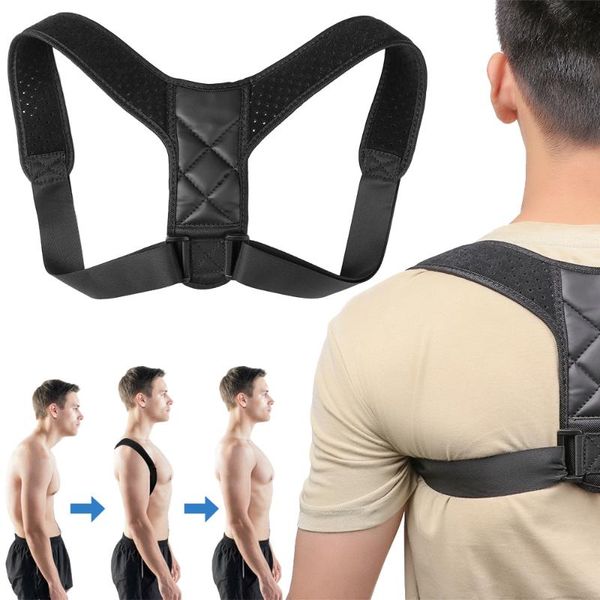 

back support 2021 adjustable posture corrector clavicle spine shoulder lumbar brace belt correction, Black;blue