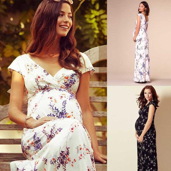 

maternity dresses women floral short-sleeved dress v neck nursing pregnant long breastfeeding clothes, White