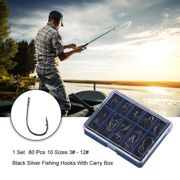 

carbon steel fishing hook fishhooks 80 pcs hooks with hole carp tackle 10 compartments box barb