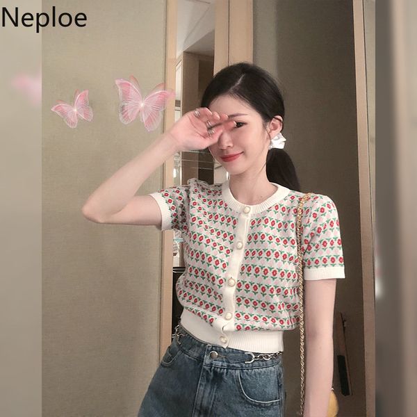 

neploe cropped cardigan summer vintage knitted sweater women o neck short sleeve slim sueter pearl button jacquard 210422, White