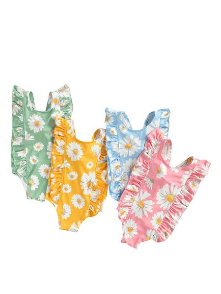 

girl\u2021s sweet daisy print one-piece swimsuit fashion back bandage ruffles sleeveless one-pieces, Black