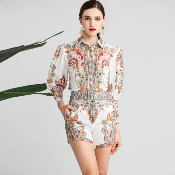 

patterns printed two piece women s nine points sleeve shirt belt a word and pants women's, White
