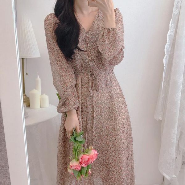 

casual dresses chic korean women's clothing v-neck flower print a-line prairie spring autumn chiffon moda feminina dress, Black;gray