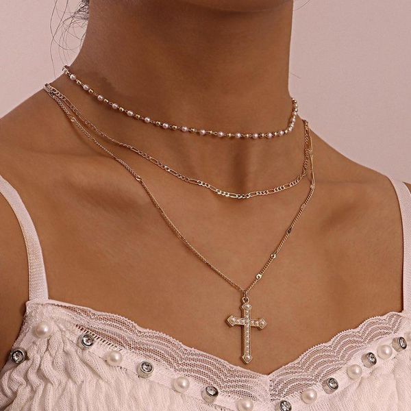 

pendant necklaces vintage boho multilayered pearl choker cross chain necklace for women gold color collar party jewelry gift, Silver