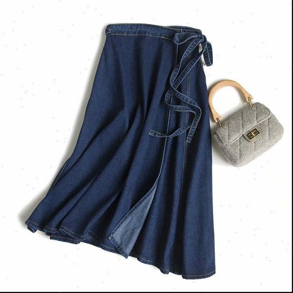 

spring womens tracksuits a line denim skirts lace up high waist long side split elegant streetwear, Gray