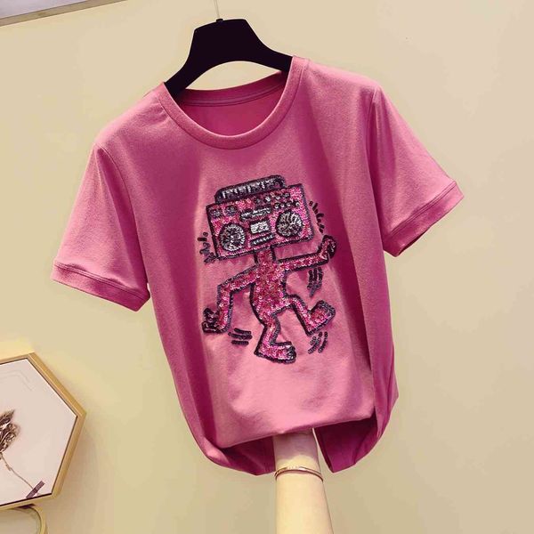 

tee fashion cotton short-sleeves embroidery robot cartoon pattern sequined t-shirt graphic tees women, White