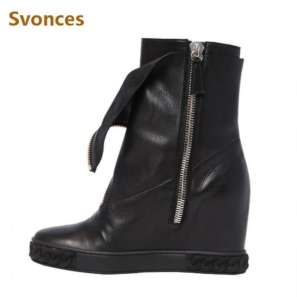 

boots fashion wedge woman solid black height increasing platform zipper botas genuine leather 8cm high heel short shoes