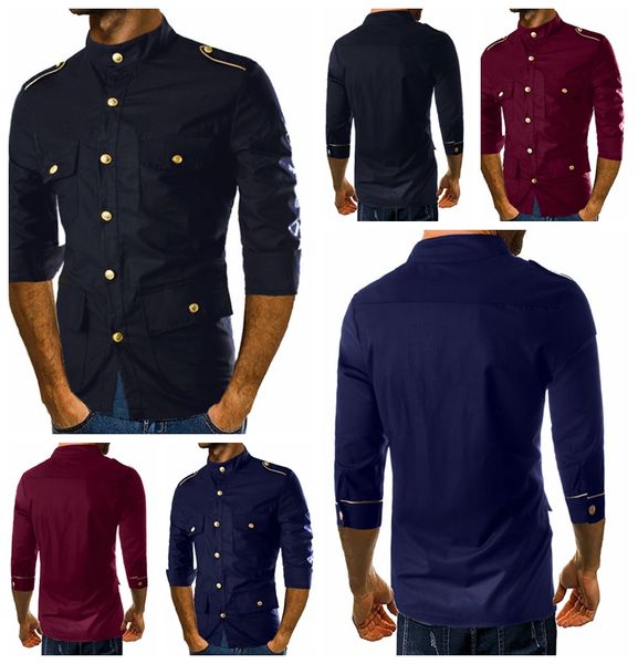 

men's casual shirts mannequin gold metal epaulets decorated three-quarter sleeve men's shirt solid color, White;black