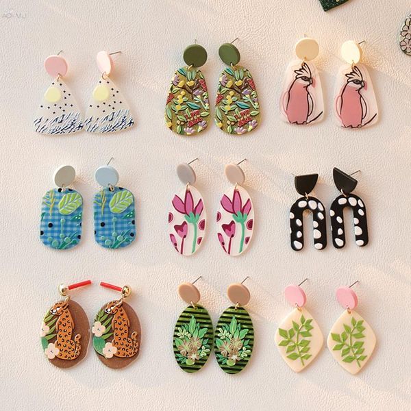 

colorful graffiti flower leaf geometric irregular round oval acrylic long dangle drop earrings jewelry & chandelier, Silver