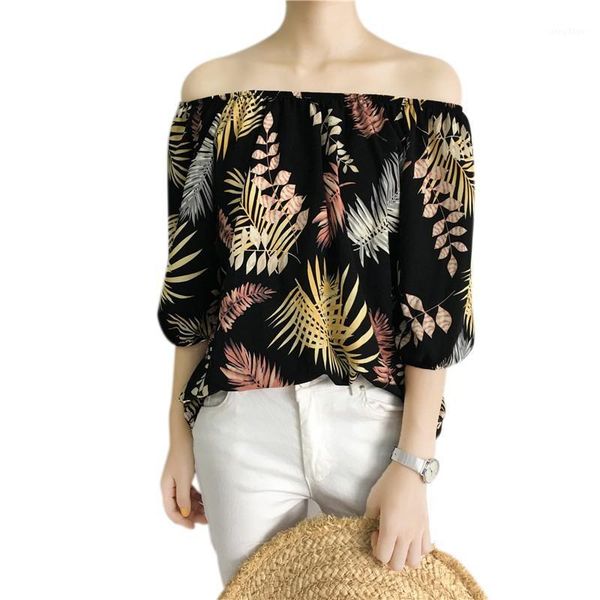 

slash neck summer blouses women off shoulder print floral half sleeve ruffle women's & shirts, White