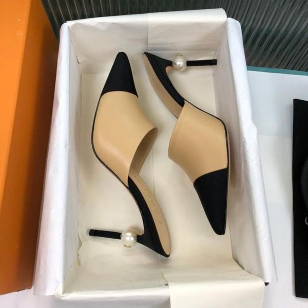 

classical women pumps mixed color genuine leather stiletto high heels slipppers preal party dress shoes slids 2021 slippers, Black
