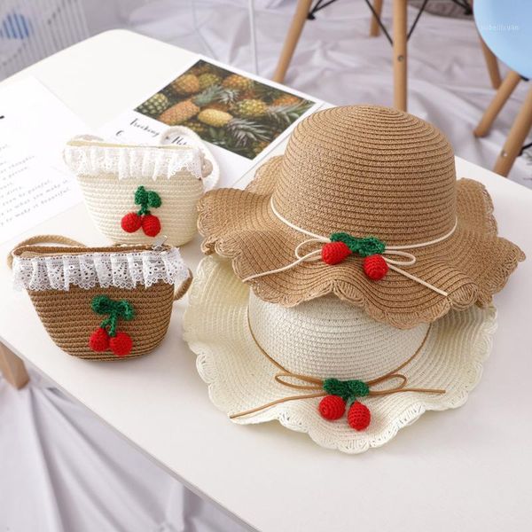 

girl sun hat straw summer cute woven beach cap cherry lace decoration fisherman for outdoor travel with bag 2 pcs set caps & hats1, Yellow