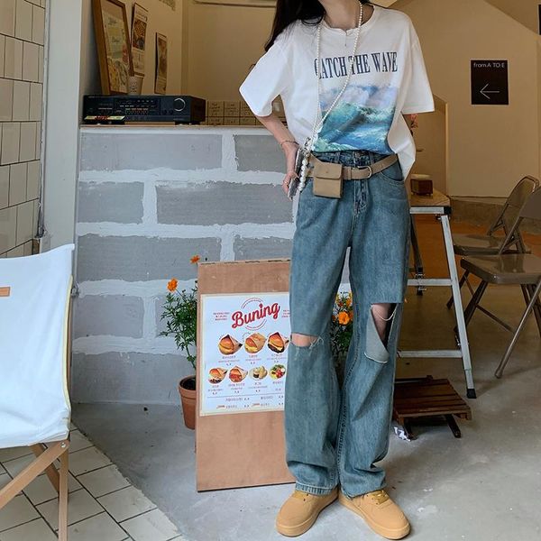 

women's jeans high waist slim perforated pants summer straight loose wide leg, Blue