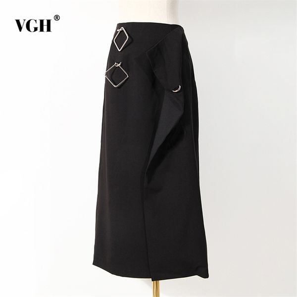 Офисные дамы черные лоскутные металлические высокие талии юбки для женщин асимметричные элегантные женские мода одежда 210531