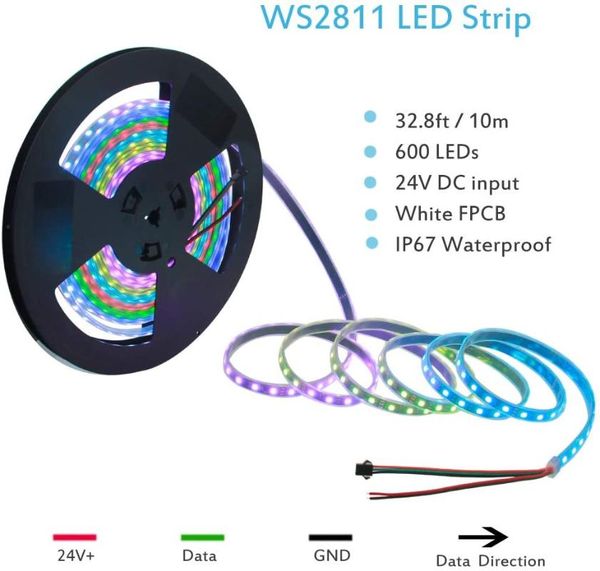 

32.8ft addressable rgb led strip light ws2811 dream color digital programmable flexible pixel tape 24v 10m 600 leds 50 strips