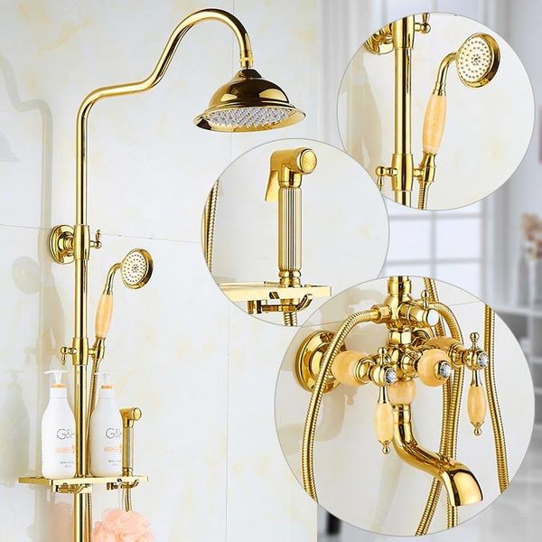 Banheira de chuveiro de latão e jade conjunto de chuva de luxo montagem de parede banheiro de ouro com slock bar banheira bidê sets