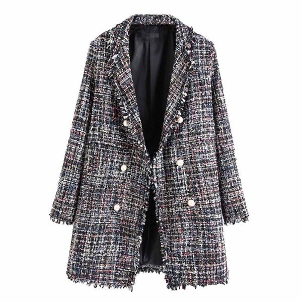 

women's wool & blends autumn female casual jacket coat lattice pearl button tassel loose coats checkered tweed lapel thick, Black