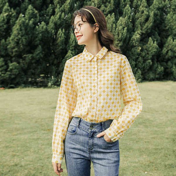 

blouses spring arrival fresh and artistic plaid long sleeve shirt hong kong style shiny young women's blouse azcc, White