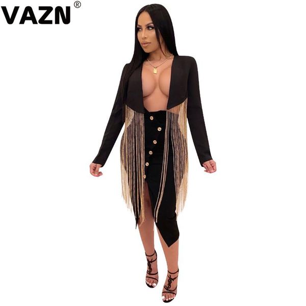 

women's jackets vazn 2021 arrival unusual novelty night club fashion black full sleeve patchwork tassel women slim x-long outwears, Black;brown