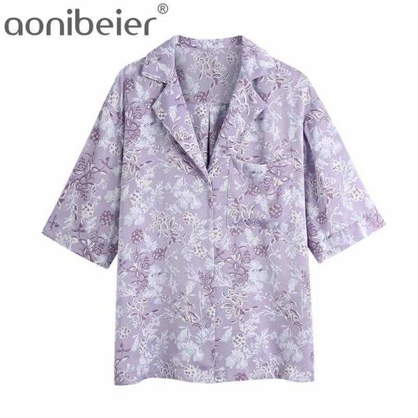 Mulheres Verão Floral Cópia Violeta Camisa Feminino Colar Pessoas Feminino Manga Curta Blusa Casual Lady Tops 210604