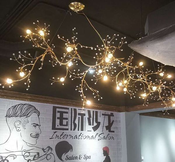 Postmoderne Restaurant Gold Chrom Brance Gypsophila Pendelleuchten Kreative Firefly Kristall Caffee Kronleuchter LED