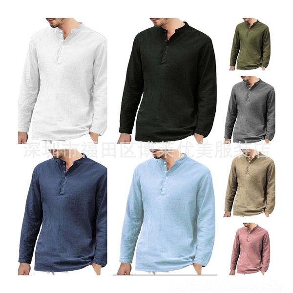 

zdb2 solid color hemp long sleeve henry men's t-shirts) tiemen's casual solid color t-shirt linen cotton linencotton hemp long sle, White;black