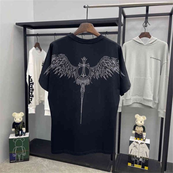 

2021 summer new fashion brand ch croix cross drill wing round neck loose short sleeve t-shirt for men and, White;black