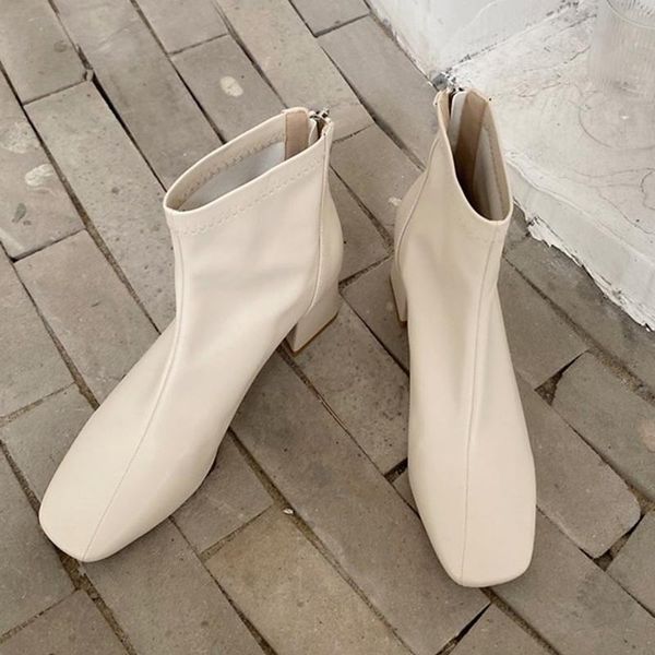 

boots women soft leather ankle beige block high heels sock square toe chunky zipper lady autumn party shoes, Black