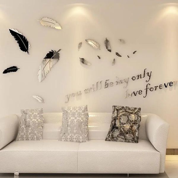 

wall stickers 18pcs/set 3d gold silver acrylic feather mirror surface sticker removable background diy kids room art home decoration