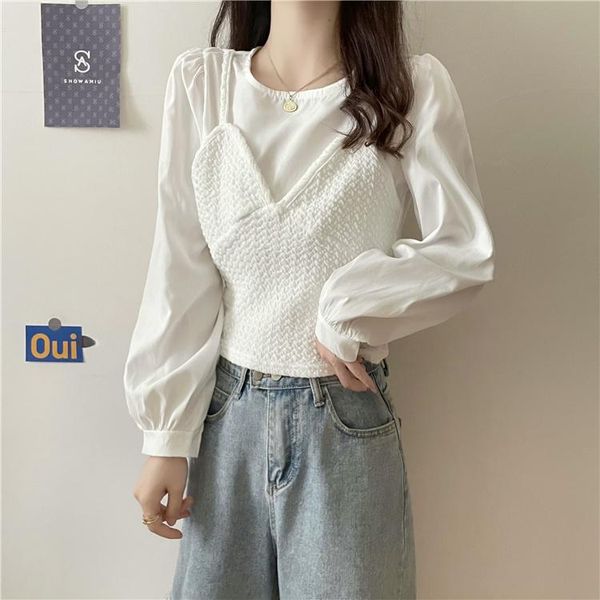 

women's blouses & shirts chiffon loose fashion splicing o-neck autumn casual long sleeve blusas houthion, White