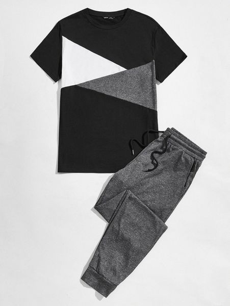 

men colorblock tee & tie waist sweatpants set h716#, Gray