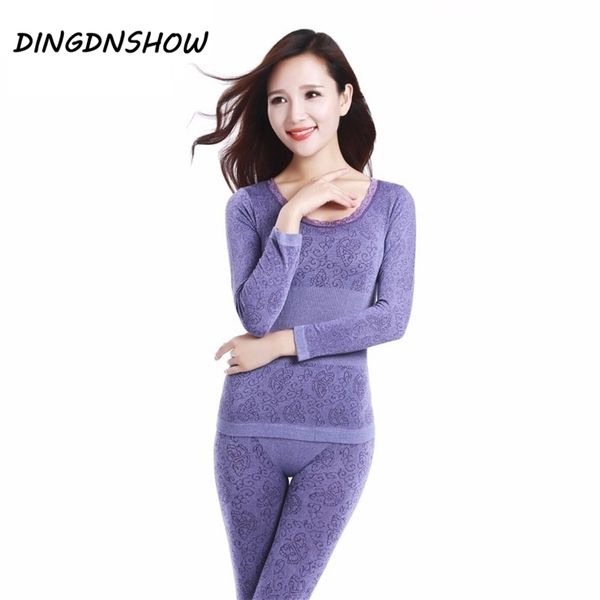 

lace thermal underwear ladies clothes winter seamless antibacterial warm intimates print long johns women shaped sets 211217, Black;pink