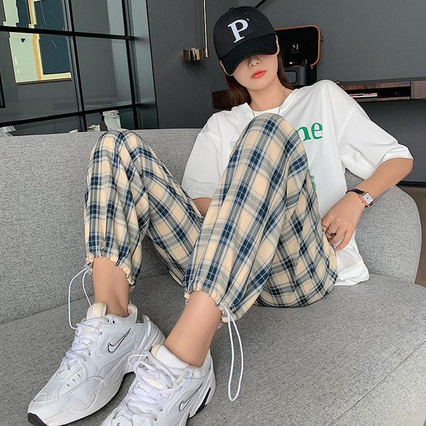 

women's pants & capris women plaid high waist sweatpants casual loose wide leg trousers suits retro teens harajuku korean streetwear jo, Black;white