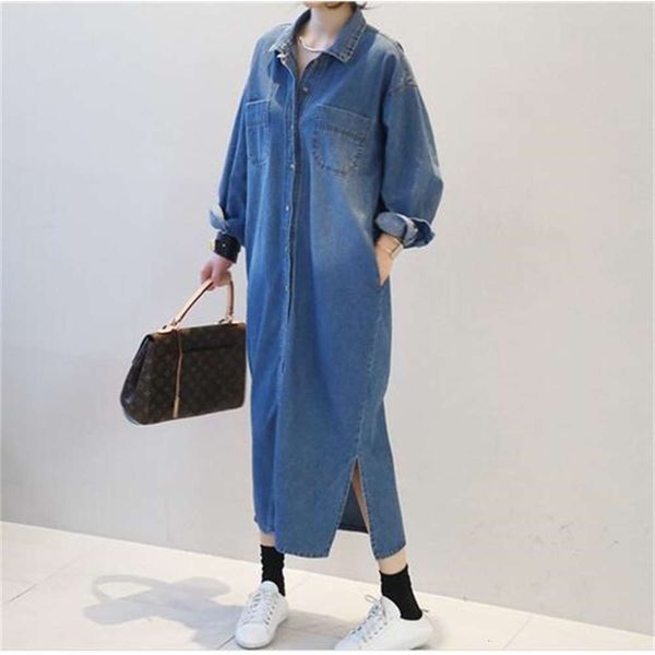 

spring and autumn style denim coat large loose long slit shirt dress women's wear, Black;brown