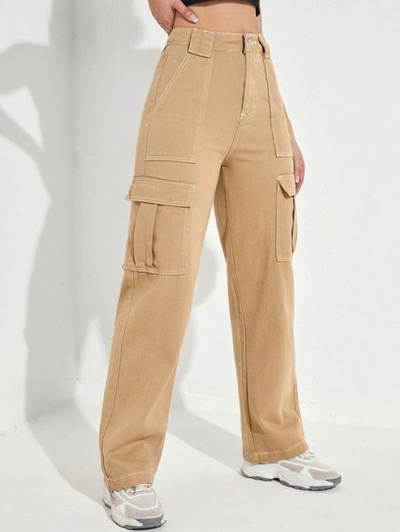 

high waist flap pocket jeans 425k#, Blue