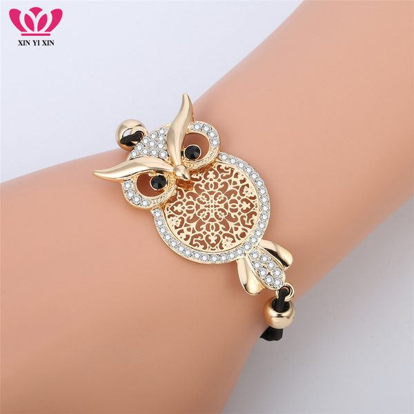 

gold owl charm for women black rope chain pulsera mujer cz crystal bracelet femme party jewelry gift dropshipping, Golden;silver