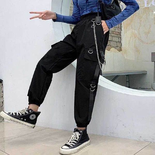 Pantaloni cargo neri da donna gotici Pantaloni a catena punk Harajuku Pantaloni da donna Hip Hop Mall Goth Streetwear Techwear Egirl Grunge Capris Q0801